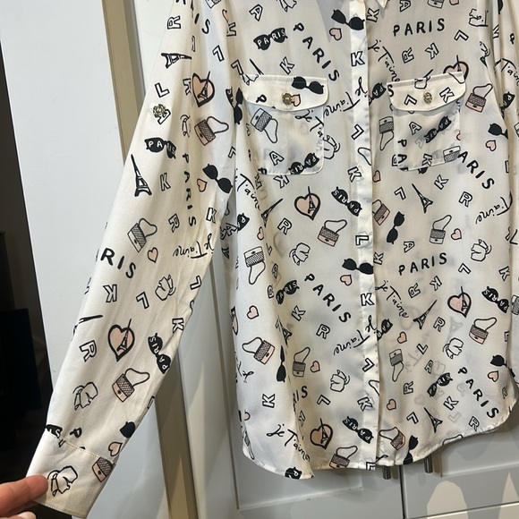 Karl Lagerfeld French Streets Roll Sleeve Button Down Blouse White & Black Sz M - Picture 7 of 17